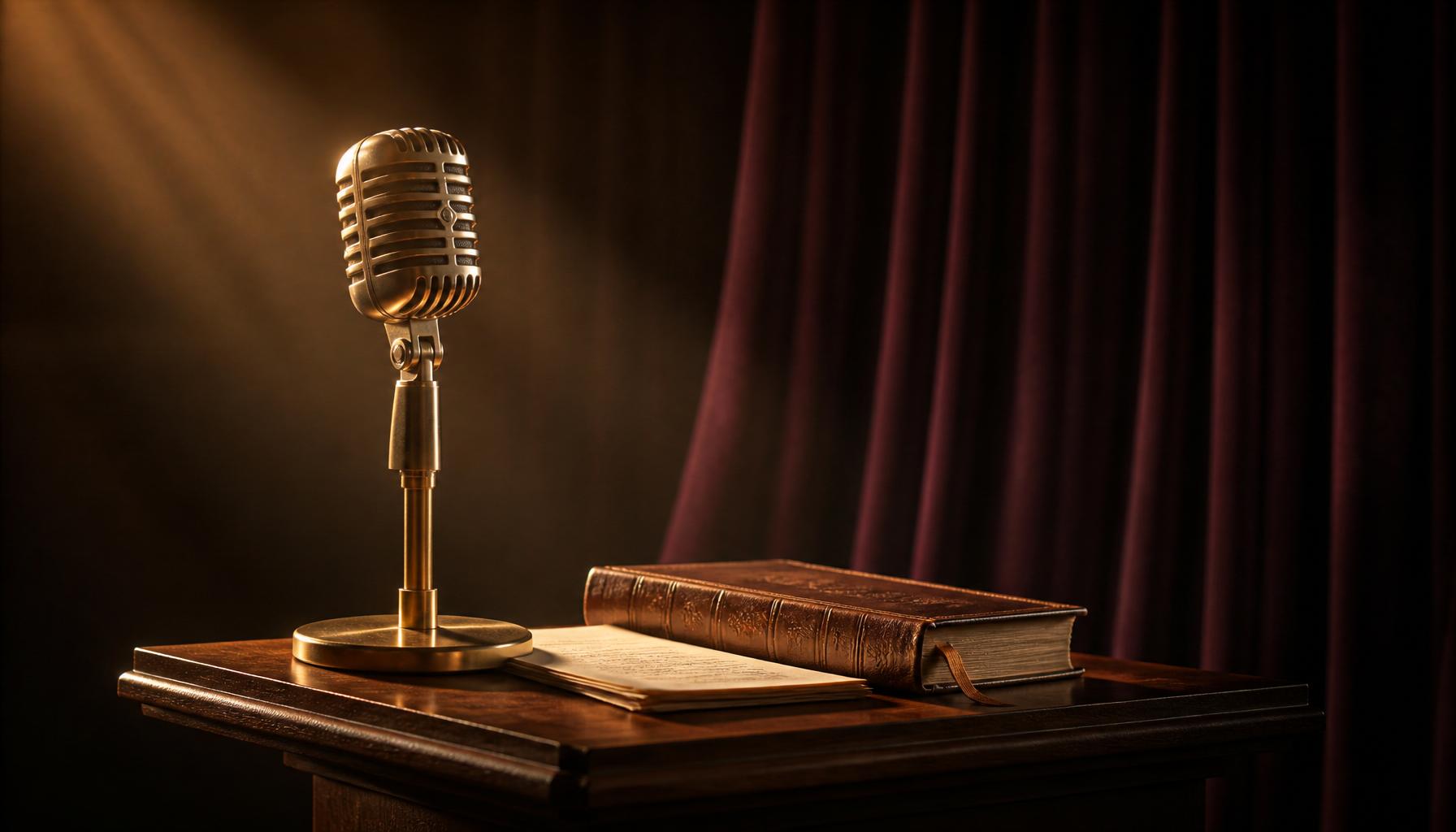 Brass microphone, leather Bible, and warm stage light — Sophia speaking on faith, healing, and worth.